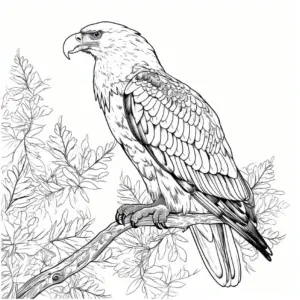 adler-auf-ast-mit-pflanzen-ausmalbild
