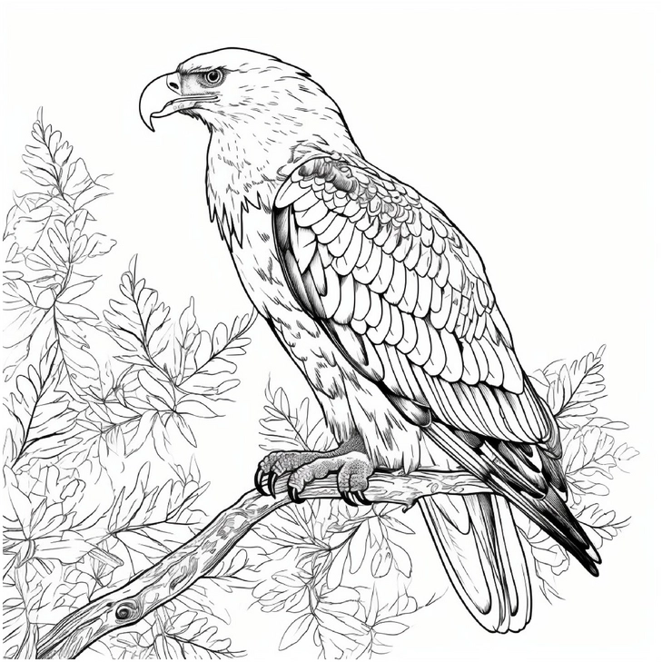 adler-auf-ast-mit-pflanzen-ausmalbild