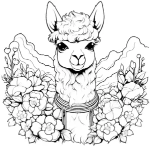 alpaka-ausmalbild-mit-blumen-und-bergen