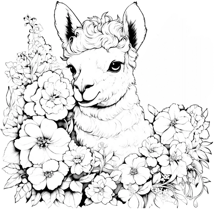 alpaka-ausmalbild-mit-blumen-und-pflanzen