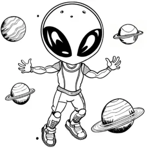 ausmalbild-alien-im-weltall-mit-planeten
