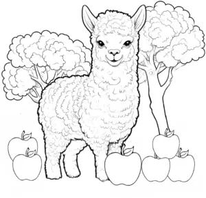 ausmalbild-alpaka-baeume-aepfel