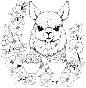 ausmalbild-alpaka-mit-tassen-und-blumen