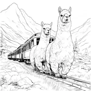 ausmalbild-alpakas-im-zug-auf-schienen
