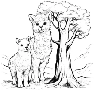 ausmalbild-alpakas-neben-einem-baum