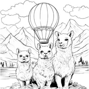 ausmalbild-alpakas-und-heissluftballon-in-den-bergen