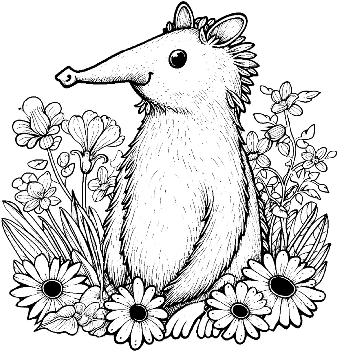 ausmalbild-amaisenbaer-zwischen-blumen-und-pflanzen