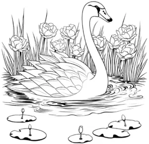 ausmalbild-anmutiger-schwan-mit-blumen-und-wasserlilien