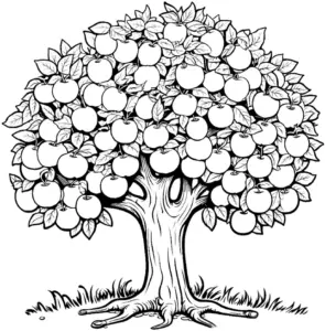 ausmalbild-apfelbaum-mit-vielen-aepfeln-und-blaettern