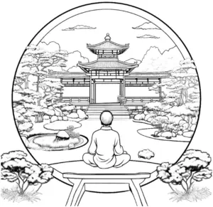 ausmalbild-asiatischer-garten-mit-meditierender-person
