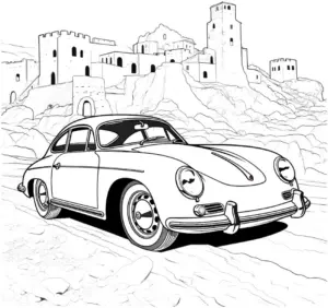 ausmalbild-auto-vor-burg-in-felsenlandschaft