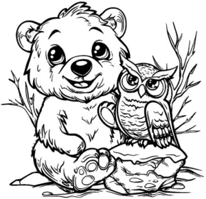 ausmalbild-baer-und-eule-in-der-natur