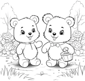 ausmalbild-baeren-im-garten-blumen-und-natur