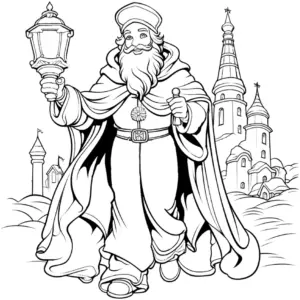 ausmalbild-baertiger-mann-mit-laterne-in-maerchenlandschaft