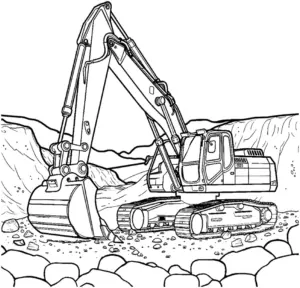 ausmalbild-bagger-auf-baustelle-mit-felsenvorhang