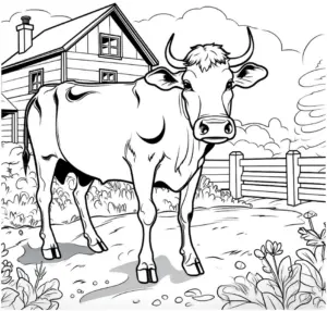 ausmalbild-bauernhof-mit-kuh-und-landschaft