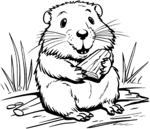 ausmalbild-biber-mit-holzstück-in-der-natur