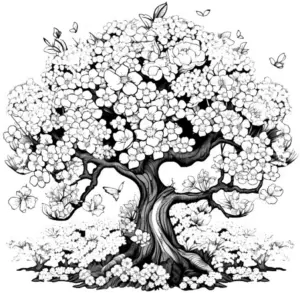 ausmalbild-bluehender-baum-mit-schmetterlingen
