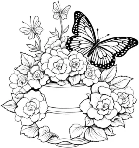 ausmalbild-blumen-und-schmetterlinge-im-blumentopf