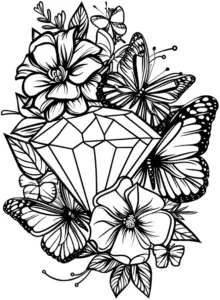 ausmalbild-blumen-und-schmetterlinge-mit-diamanten