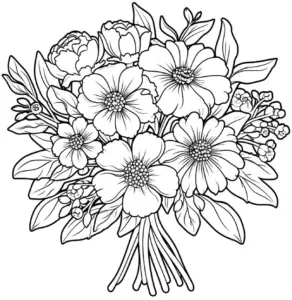 ausmalbild-blumenstrauss-mit-vielen-blueten-und-blaettern