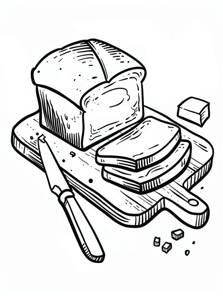 ausmalbild-brotlaib-und-brotscheiben-auf-schneidebrett