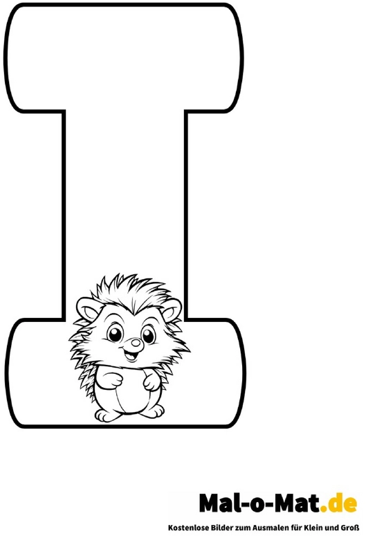 Ausmalbild Buchstabe I mit niedlichem Igel