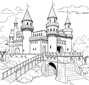 ausmalbild-burg-mit-tuemern-und-natur