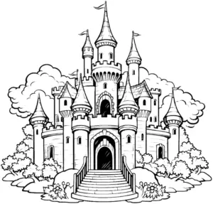ausmalbild-burg-mit-vielen-tuerme-und-treppe