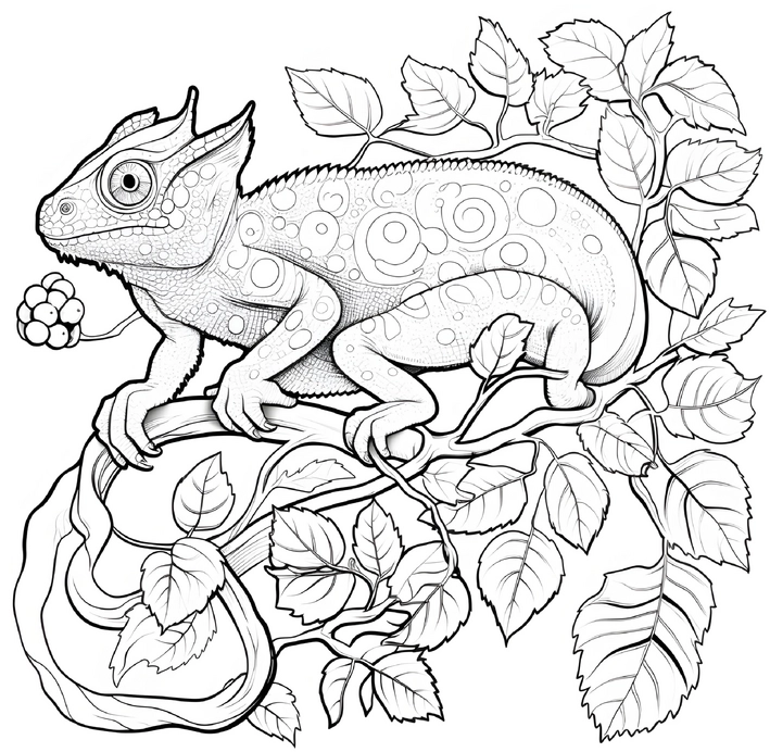 ausmalbild-chamaeleon-auf-ast-mit-blaettern