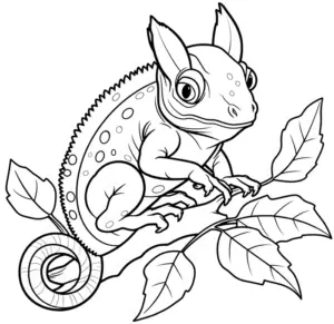ausmalbild-chamaeleon-auf-zweig-mit-blaettern