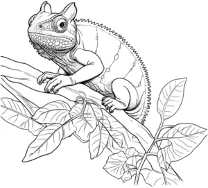 ausmalbild-chamaeleon-auf-zweig-und-blaettern