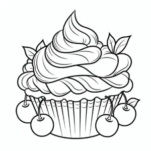 ausmalbild-cupcake-mit-kirschen-und-blaettern