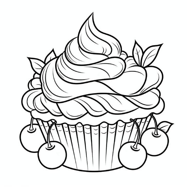 ausmalbild-cupcake-mit-kirschen-und-blaettern
