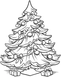 ausmalbild-dekorierter-tannenbaum-mit-geschenken