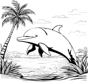 ausmalbild-delfin-und-palmenszene