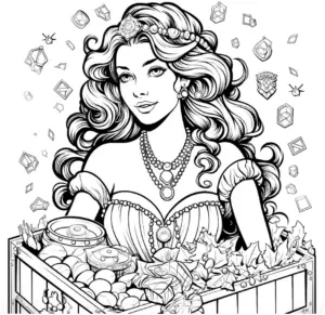 ausmalbild-der-koenigin-mit-schmuck-und-schaetzen