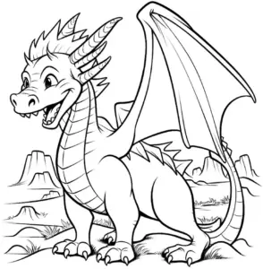 ausmalbild-drache-mit-fluegeln-in-malerischer-landschaft