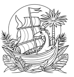 ausmalbild-drachen-piratenschiff-tropenumgebung