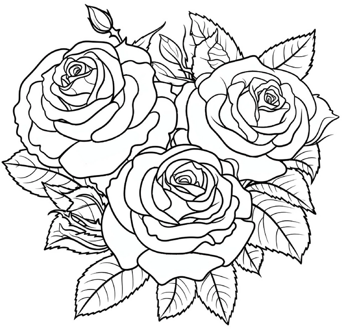 ausmalbild-drei-schoene-rosen-und-blaetter