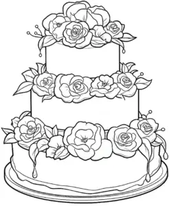 ausmalbild-dreischichtige-torte-mit-blumen
