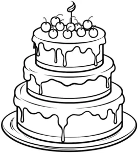 ausmalbild-dreistufiger-geburtstagskuchen-mit-kirschen