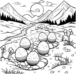 ausmalbild-eier-in-der-natur-mit-fluss-und-bergen