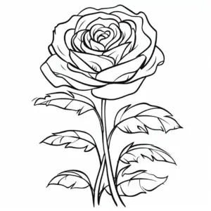 ausmalbild-einer-detaillierten-rose-mit-blaettern