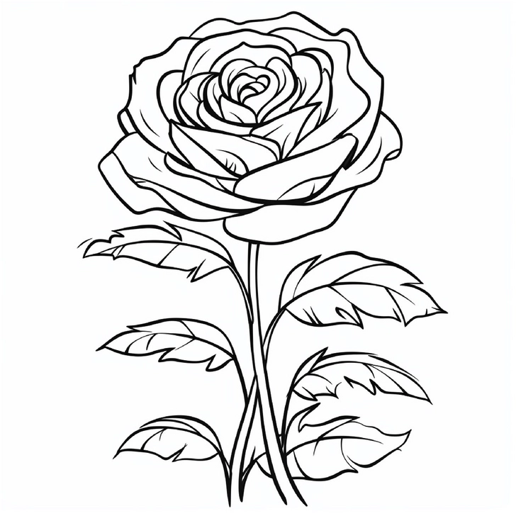 ausmalbild-einer-detaillierten-rose-mit-blaettern