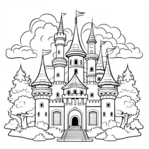 ausmalbild-einer-maerchenhaften-burg-mit-tuern-und-baeumen
