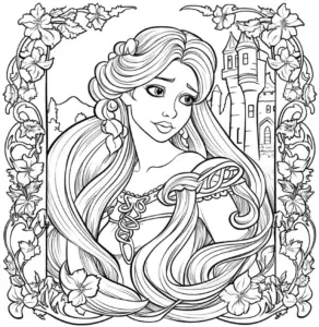 ausmalbild-einer-maerchenhaften-figur-mit-blumen-und-schloss