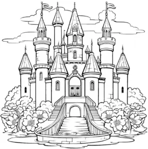 ausmalbild-einer-praechtigen-burg-mit-wasserlauf-und-blumen
