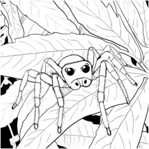 ausmalbild-einer-spinne-auf-blaettern