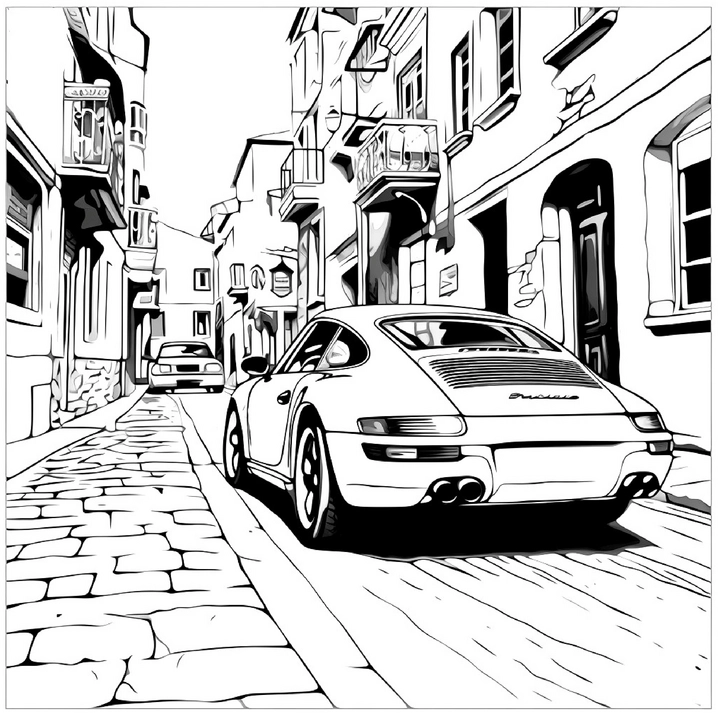 ausmalbild-eines-autos-in-einer-malerischen-gasse